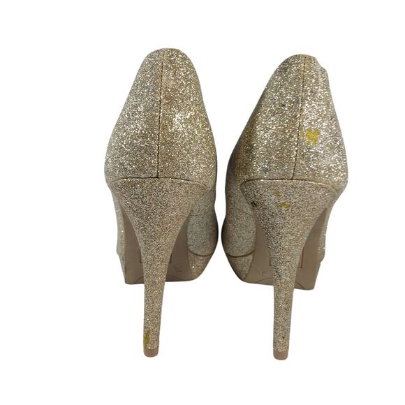 FIONI NIGHT! SHIMMERY GOLD STARDUST PEEP TOE STILETTO, PLATFORM HEELS! SZ 7.5M - Picture 8 of 10